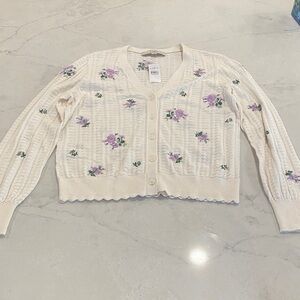 LOFT Cream and Purple Floral Cardigan